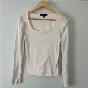 YMI White Ribbed Scoop-Neck Long Sleeve Tee